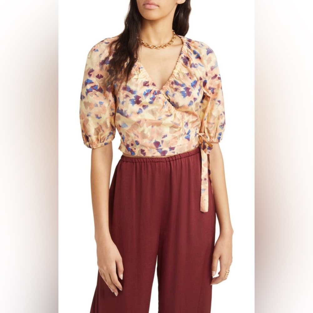 Open Edit Puff Sleeve Cotton Poplin Wrap Blouse - Medium